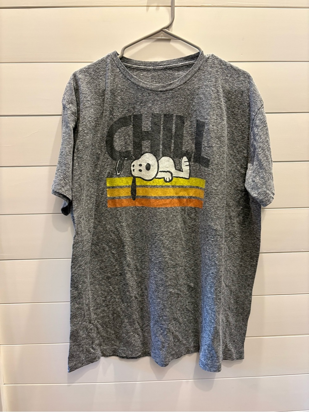 Gray Snoopy 'Chill' Graphic T-Shirt with Retro Stripes